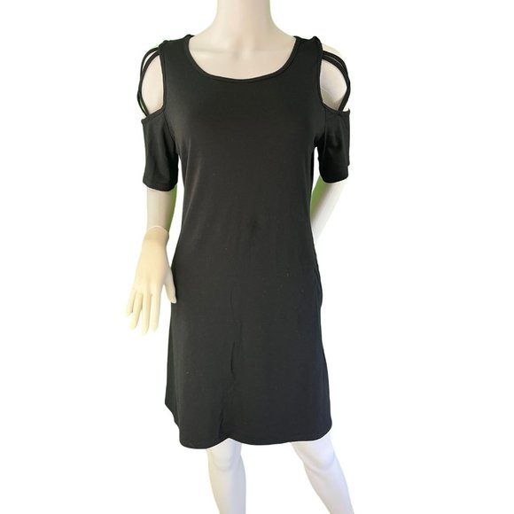 Women's Black Open Shoulder Dress, Knee Length, Hidden Pockets, XL - Picture 8 of 11